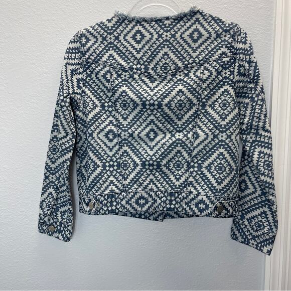 Rebecca Minkoff Aztec Bleach Print Denim Jacket Frayed Collar SAMPLE SHOW - Picture 12 of 14